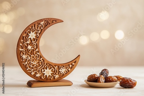 Ornate wooden crescent moon, dates