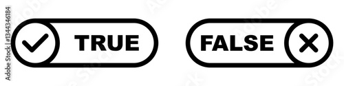 True false labels. Green check says true. Red x says false. Agree disagree choice. Right wrong mark. Quiz answer symbol. Test result icons.