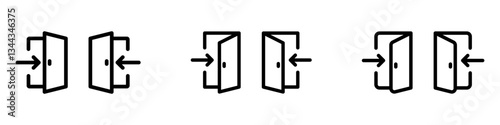 Door icon set. Enter or exit symbol. Line style design. Login sign. Black shape. White background. Arrows pointing way.