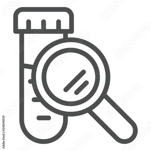 Flask with magnifier line icon, clinical research concept. Vector graphics. Magnifying glass and test tube sign on white background, outline style icon for mobile or web design.