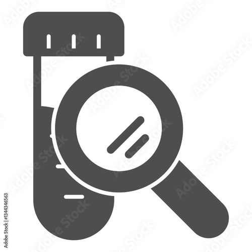Flask with magnifier solid icon, clinical research concept. Vector graphics. Magnifying glass and test tube sign on white background, glyph style icon for mobile or web design.