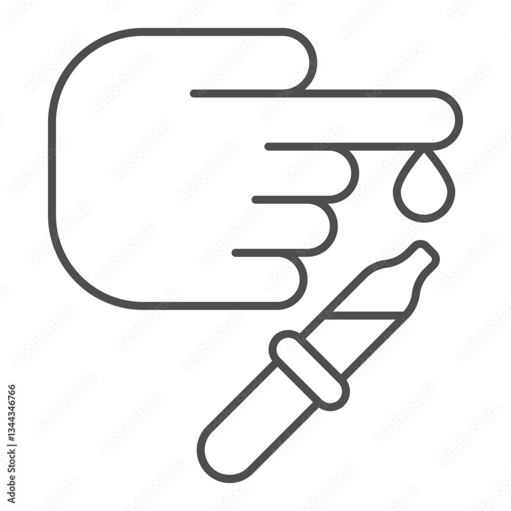 Blood drop finger taking thin line icon, medical research concept. Vector graphics. Hand with pipette sign on white background, outline style icon for mobile or web design. Blood drop finger taking thin line icon, medical research concept. Vector graphics. Hand with pipette sign on white background, outline style icon for mobile or web design.