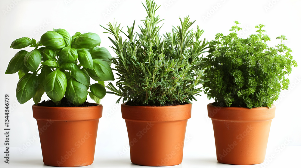 Fresh herbs in pots, white background, cooking