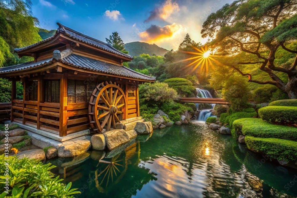Fototapeta premium Serene Nan Lian Garden: Chinese Cottage & Waterwheel in Hong Kong