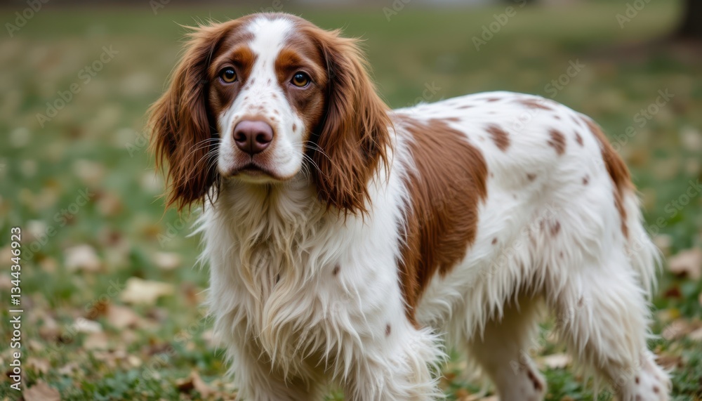 The English Setter dog is a medium sized breed known for its elegant appearance, with long, silky fur that forms a distinct feathering on its ears, chest, belly, legs, and tail The English Setter dog is a medium sized breed known for its elegant appearance, with long, silky fur that forms a distinct feathering on its ears, chest, belly, legs, and tail