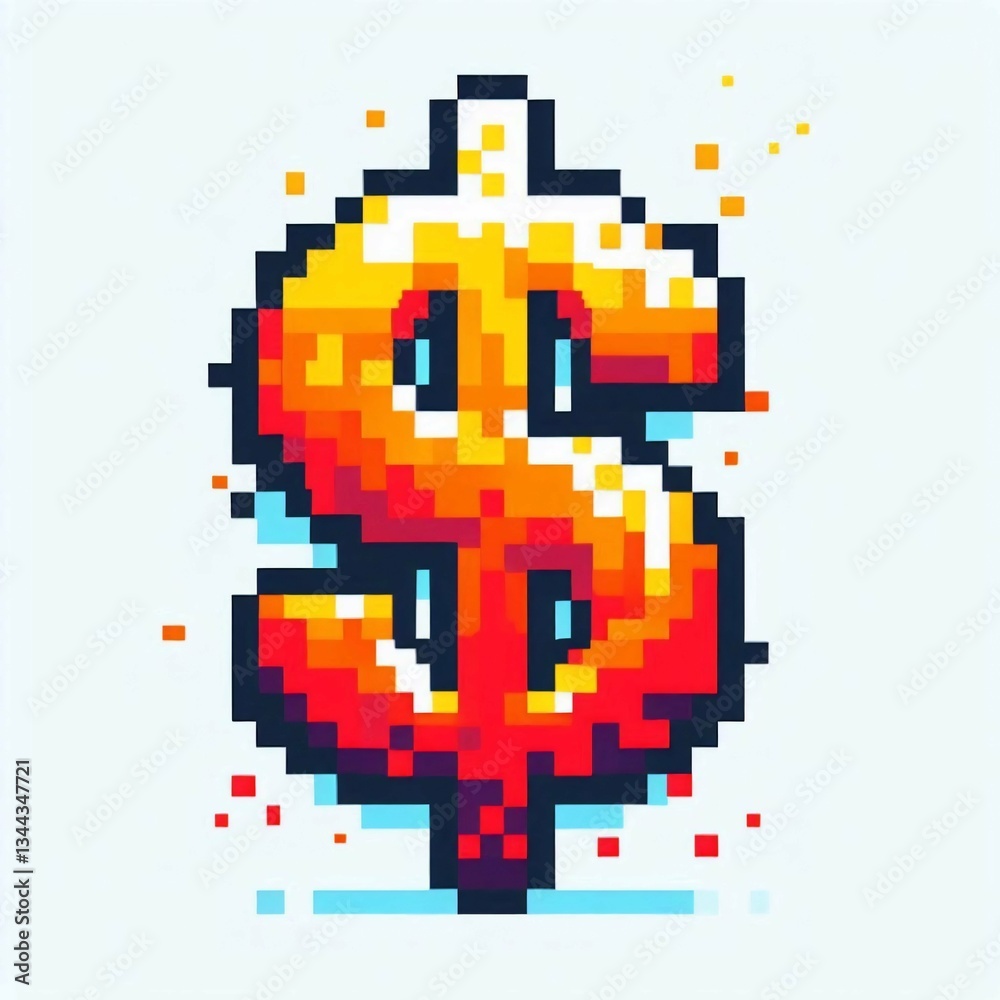 Obraz premium Pixelated Fiery Dollar Sign Sparkles on White