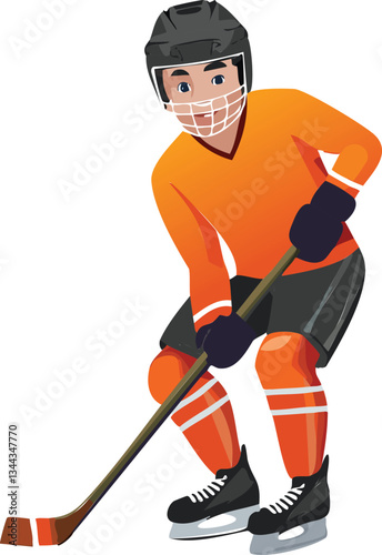 Colorful vector illustration of male hockey player in orange uniform · Ideal for editorial sports content, youth tournaments, digital design, and team identity promotional materials