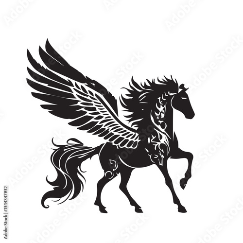 Black and White Stylized Pegasus Unicorn Illustration – Majestic and Fantasy Winged Horse Vector