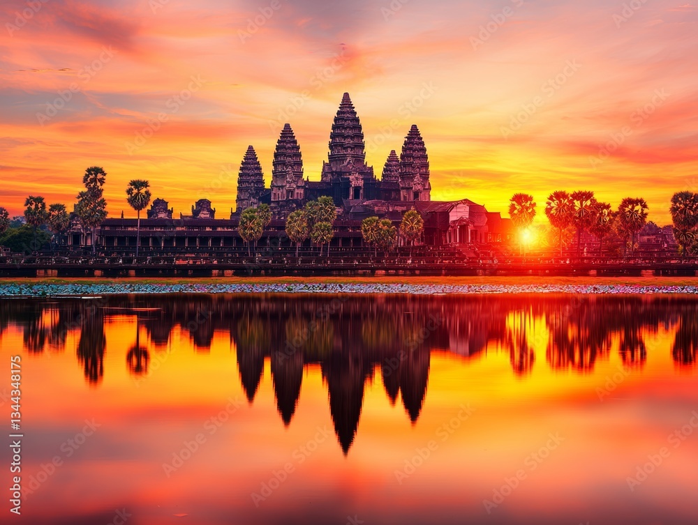 Fototapeta premium Spectacular Sunrise at Angkor Wat Cambodia Landscape Photography Tranquil Setting Wide-Angle View Nature's Beauty