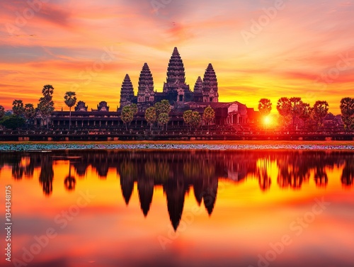 Spectacular Sunrise at Angkor Wat Cambodia Landscape Photography Tranquil Setting Wide-Angle View Nature's Beauty