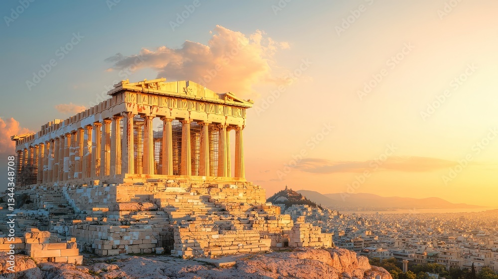Obraz premium Captivating Sunset Over the Majestic Parthenon Athens Panoramic Architectural Beauty in Scenic Environment