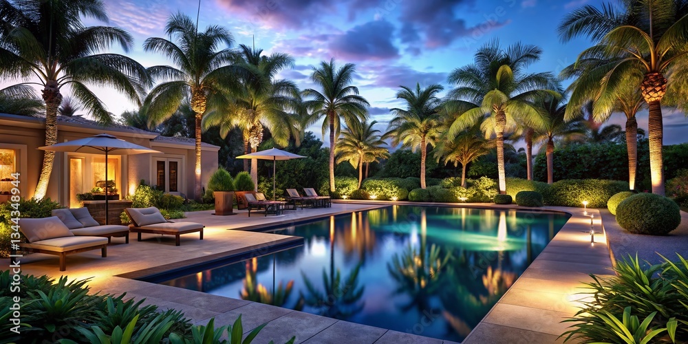 Serene Poolside Dusk: Palm Trees, Ambient Lighting, Relaxing Evening Gathering Serene Poolside Dusk: Palm Trees, Ambient Lighting, Relaxing Evening Gathering