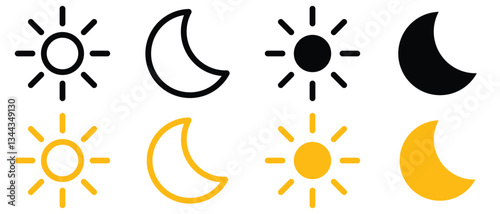 Sun moon vector icon set, day and night sign, dark and light mode icons, Screen brightness and contrast level signs and symbols for app user interface and web elements. vector illustration.
