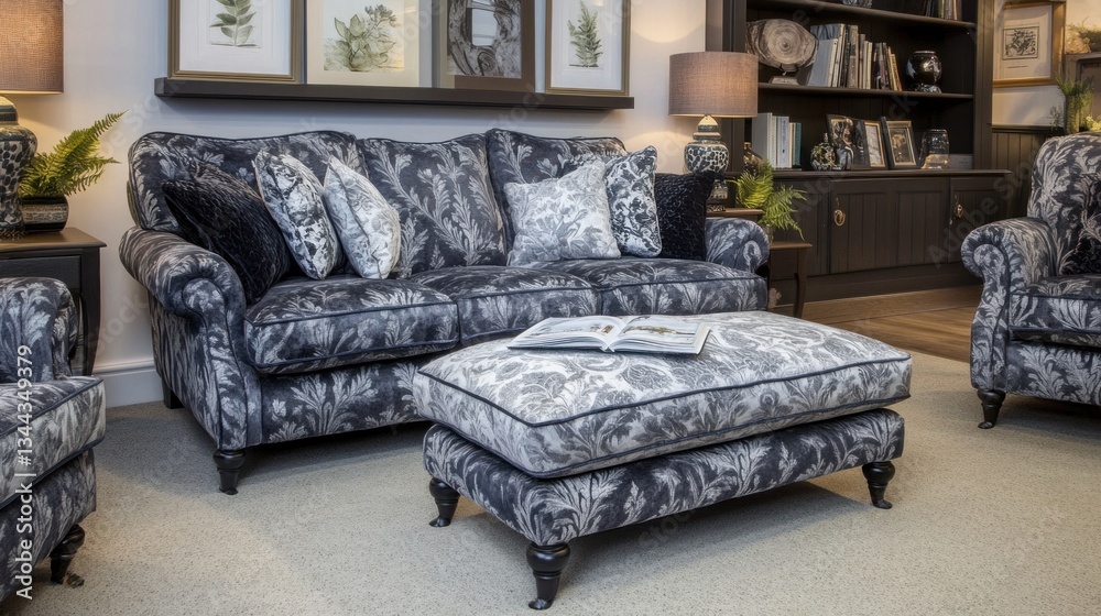 Fototapeta premium Stylish gray floral sofa & ottoman in a cozy living room with bookshelves