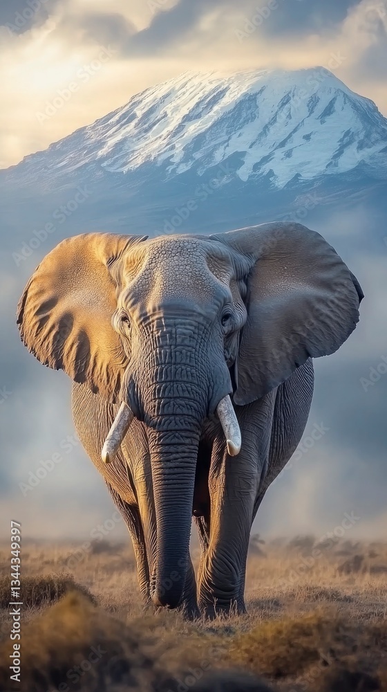 Fototapeta premium A powerful, high-resolution close-up shot of a majestic African elephant standing in the open plains of Kenya