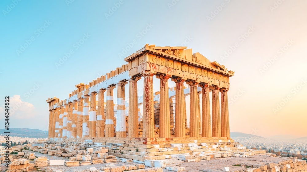 Naklejka premium Explore Majestic Erechtheion Temple at Sunset Acropolis Ancient Ruins Panoramic View Greek Heritage