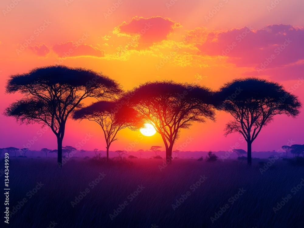 Sunset : Silhouetted Acacia Trees Dance in the Fiery Glow of Dawn, Painting the Horizon with Vibrant Hues of Orange, Pink and Purple. Sunset : Silhouetted Acacia Trees Dance in the Fiery Glow of Dawn, Painting the Horizon with Vibrant Hues of Orange, Pink and Purple.