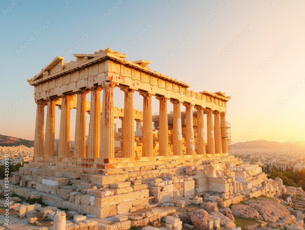 Obraz premium Witness the Majestic Parthenon at Sunset Athens Ancient Architectural Marvel Panoramic View Timeless Beauty Unveiled