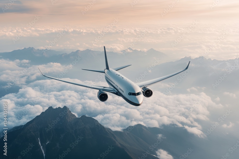 Obraz premium A sleek airplane soars above rugged mountains, navigating through a vast expanse of clouds under a soft, golden sky.