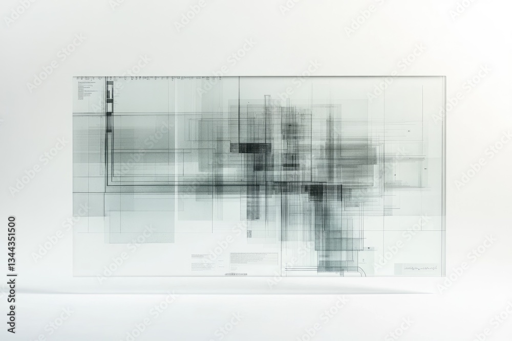 Fototapeta premium Abstract grayscale artwork on glass, featuring overlapping geometric shapes and lines, resembling a blueprint or technical drawing.