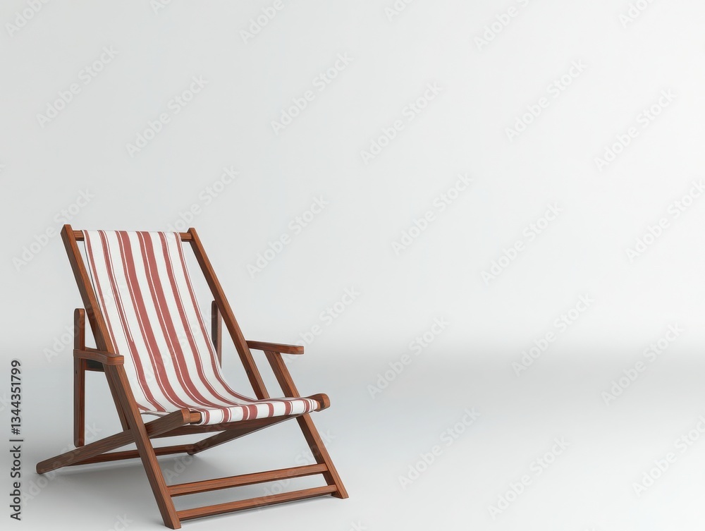 A simple wooden deck chair with red and white stripes, positioned against a plain, light-colored background, evoking relaxation and leisure. A simple wooden deck chair with red and white stripes, positioned against a plain, light-colored background, evoking relaxation and leisure.