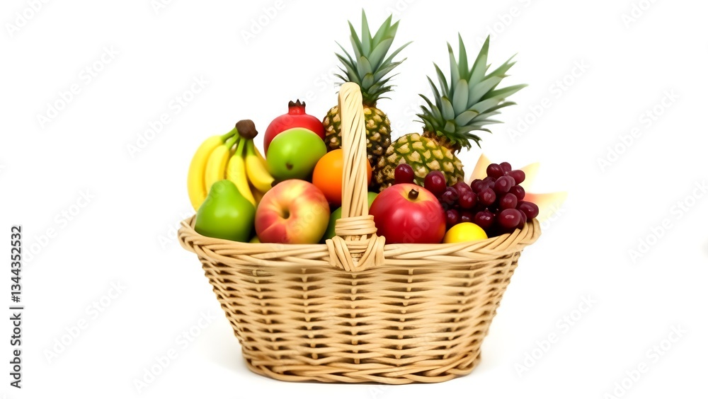 A vibrant wicker basket overflowing with a delightful array of fresh fruits, a summery bounty ready for sharing, bathed in bright, even light against a stark white background. A vibrant wicker basket overflowing with a delightful array of fresh fruits, a summery bounty ready for sharing, bathed in bright, even light against a stark white background.
