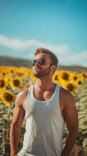 A professional photo of a fit, tanned man with a playful smirk, standing in a field of sunflowers