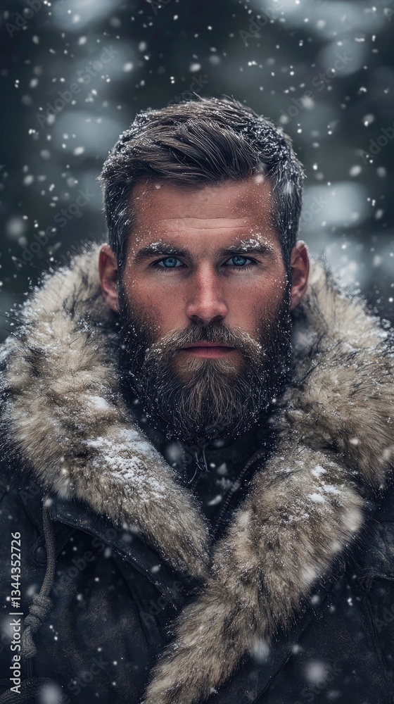 A professional photo of a rugged, bearded man in a heavy fur-lined winter coat, standing in a snowy forest A professional photo of a rugged, bearded man in a heavy fur-lined winter coat, standing in a snowy forest
