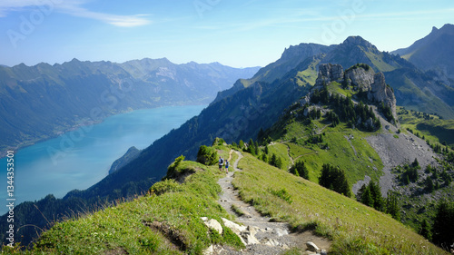 Scenic view from the Schynige Platte panoramic ridge walking trail hike with Lake Brienz in Switzerland in the Bernese Highlands. Green meadows and Swiss mountains on a sunny day.