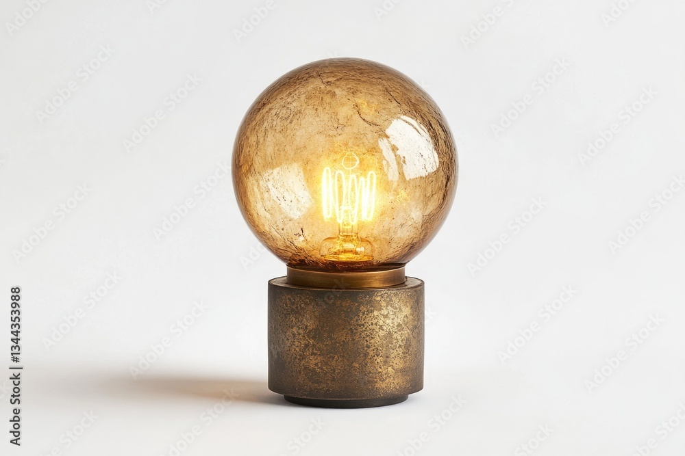 A stylish table lamp with a large amber glass globe and a bronze-finished base. A stylish table lamp with a large amber glass globe and a bronze-finished base.