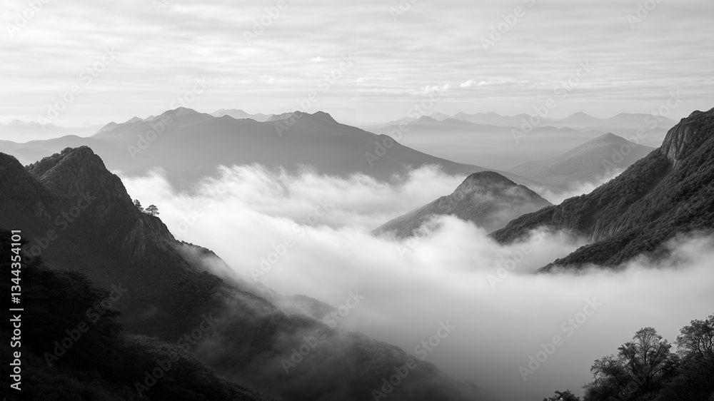 Majestic mountain landscape shrouded in fog during early morning light in a tranquil setting Majestic mountain landscape shrouded in fog during early morning light in a tranquil setting