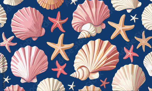 A seamless vector-style illustration featuring various seashells and starfish , easily editable.
