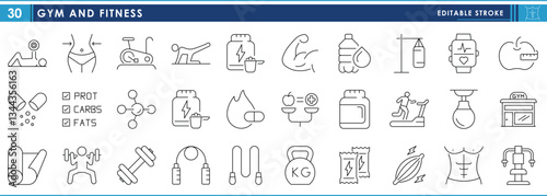 A set of line icons related to Gym and Fitness. Gym, fit, dumbbell, treadmill, strength, nutrition, and so on. Vector editable stroke.