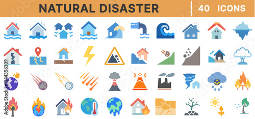 Natural Disaster and Hazard Icons – Earthquake, Tsunami, Hurricane, Flood, Tornado, Volcano, Wildfire, Landslide, Meteor, Storm, Lightning, Climate Change, Emergency