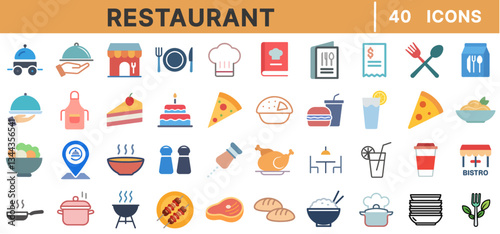 Restaurant and Food Icons Set – Dining, Chef, Menu, Fast Food, Pizza, Coffee, Drinks, Bakery, Meal, Kitchen, Cutlery, Gourmet, Catering, Cooking, Table Service