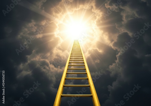 Golden ladder reaching towards bright light in the sky, concept of hope, success, and aspiration
