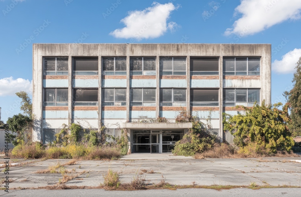 Abandoned concrete building facade. Empty office structure, overgrown with weeds and vegetation, under a partly cloudy sky. Visible are rows of empty windows, a weathered entrance Abandoned concrete building facade. Empty office structure, overgrown with weeds and vegetation, under a partly cloudy sky. Visible are rows of empty windows, a weathered entrance