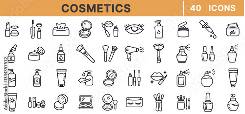 Cosmetics Outline Icon Set – 40 Editable Vector Icons of Makeup, Skincare, Beauty Products, Hair Care, Self-Care, Spa, Fashion, Perfume, and Beauty Tools