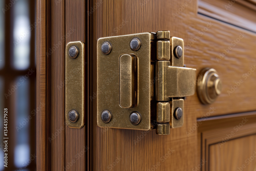 Obraz premium close up view of brass hinge attached to wooden door, showcasing its intricate design and craftsmanship. warm tones of wood complement metallic finish, creating classic and elegant appearance