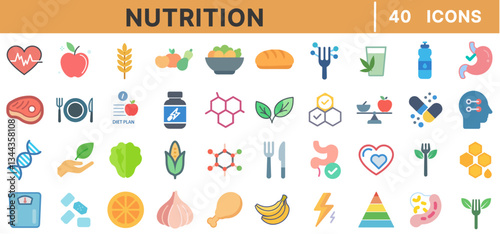 Nutrition Icon Set – 40 Flat Vector Icons of Healthy Food, Vitamins, Supplements, Hydration, Organic Ingredients, Balanced Diet, Wellness, and Fitness