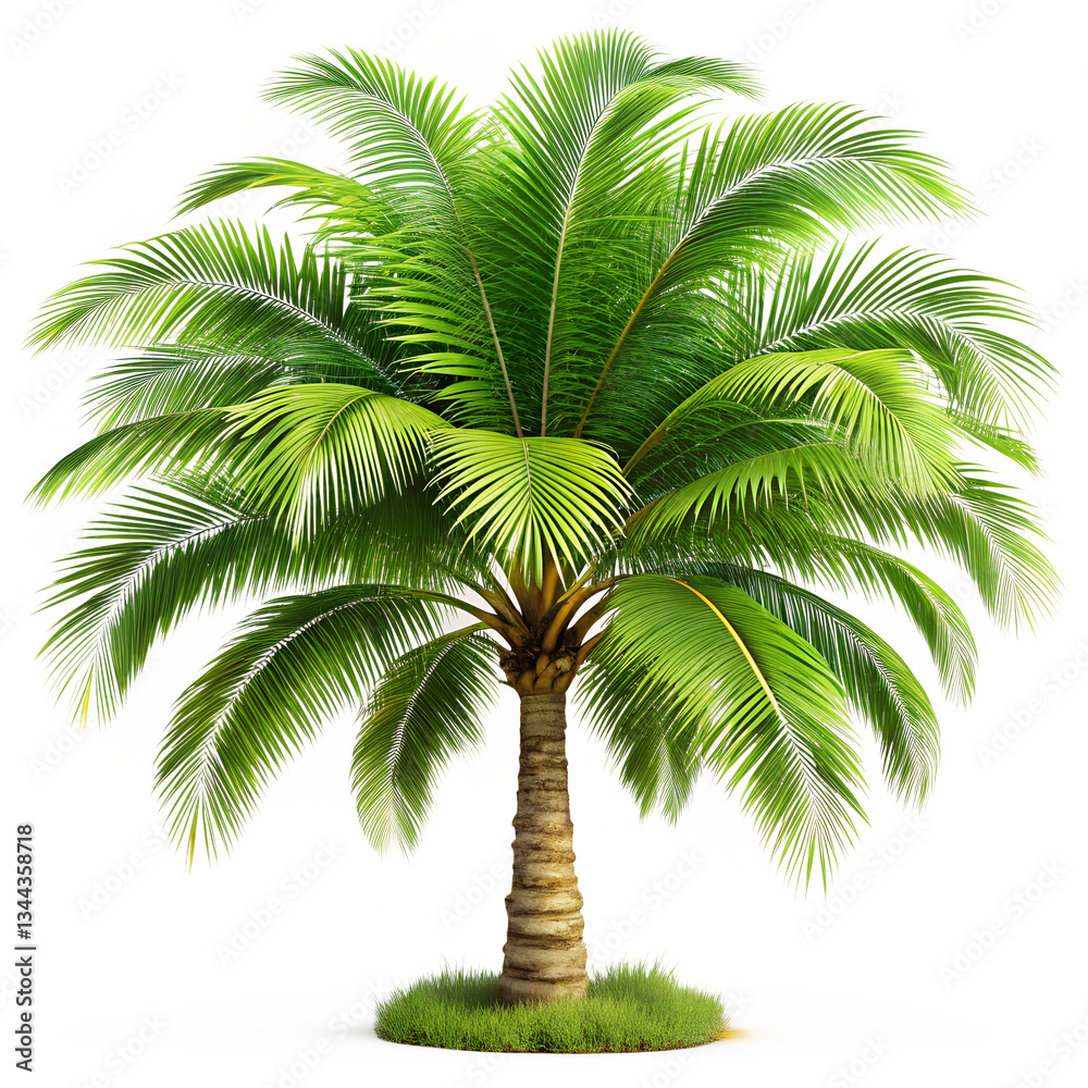 Fototapeta premium Tropical palm tree with detailed fronds and curved trunk isolated on transparent background