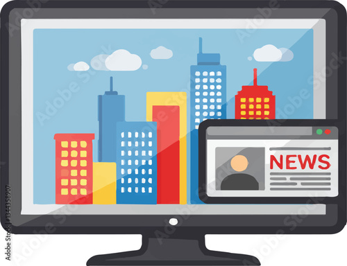 vector Online City News Computer Display Showing Urban Skyline News Article,