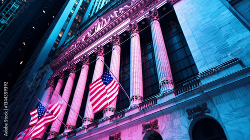 image showcases government building with financial elements, illuminated in vibrant colors, creating dynamic atmosphere