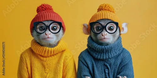 Fototapeta Smart Monkey Duo: A pair of playful monkeys, fashionably dressed in stylish winter hats, cozy sweaters and round glasses, pose playfully.