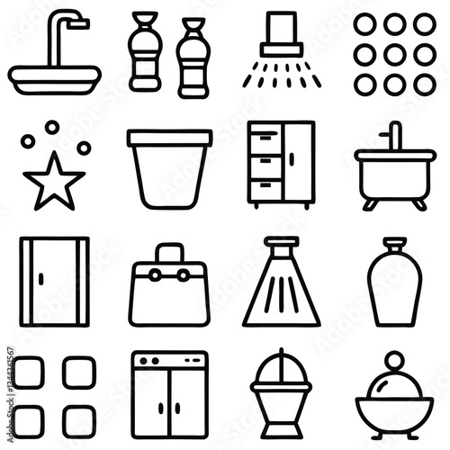 Black silhouette vector icons set illustration of bathroom icons, household appliances, and kitchen tools