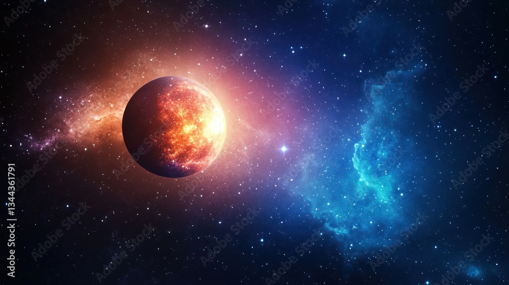 Obraz premium Fiery Planet in Outer Space with Glowing Galactic Nebula