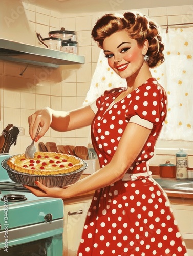 A vintage American poster-style illustration of a confident woman in a bright red polka-dot dress