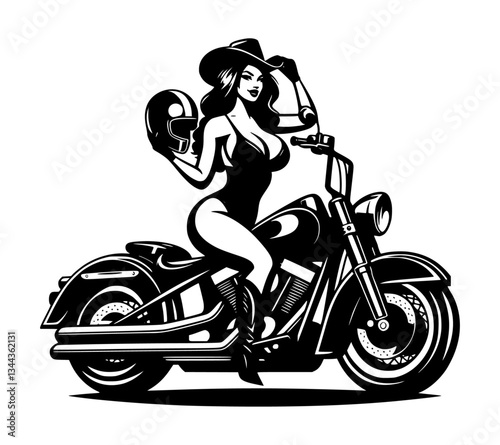 A vector silhouette of a cowgirl wearing a cowboy hat and riding a classic motorcycle.