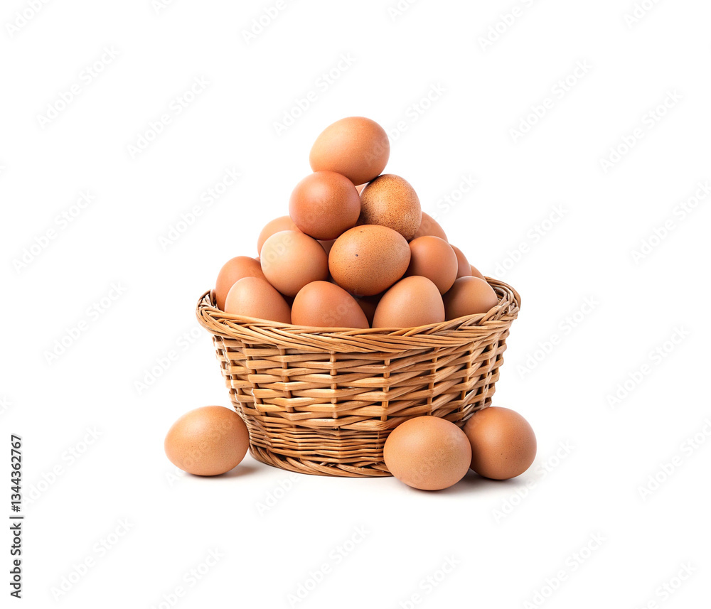 Basket of fresh brown eggs isolated on white background. Basket of fresh brown eggs isolated on white background.