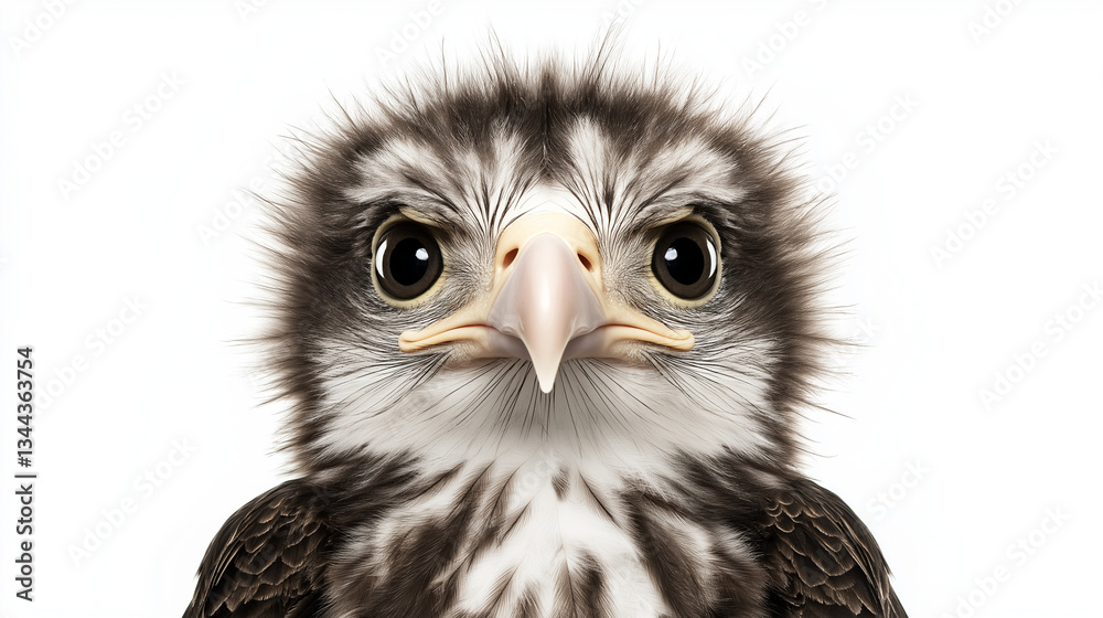 Fototapeta premium Adorable baby hawk with fluffy feathers and sharp eyes, isolated on a white background. Perfect for wildlife and nature photography.